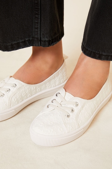 Friends Like These White Broderie Plimsoll Lace Up Pump Trainers