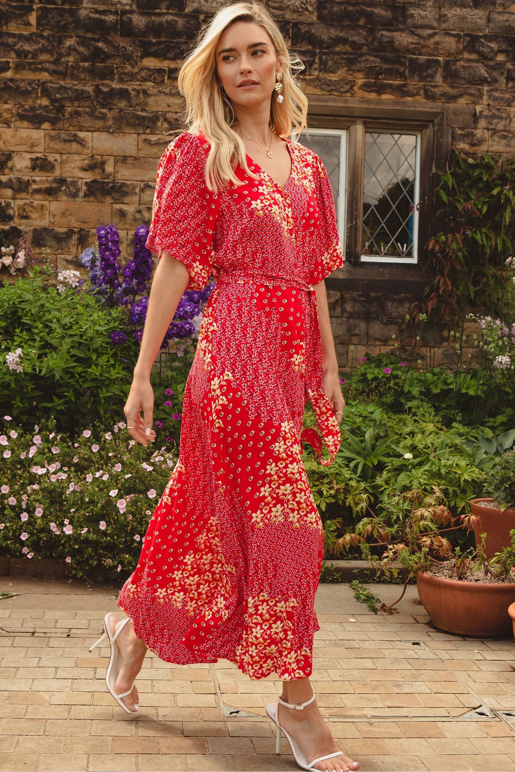 Red button midi store dress
