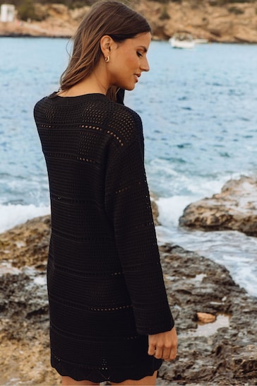 Threadbare Black Crochet Long Sleeved Mini Dress