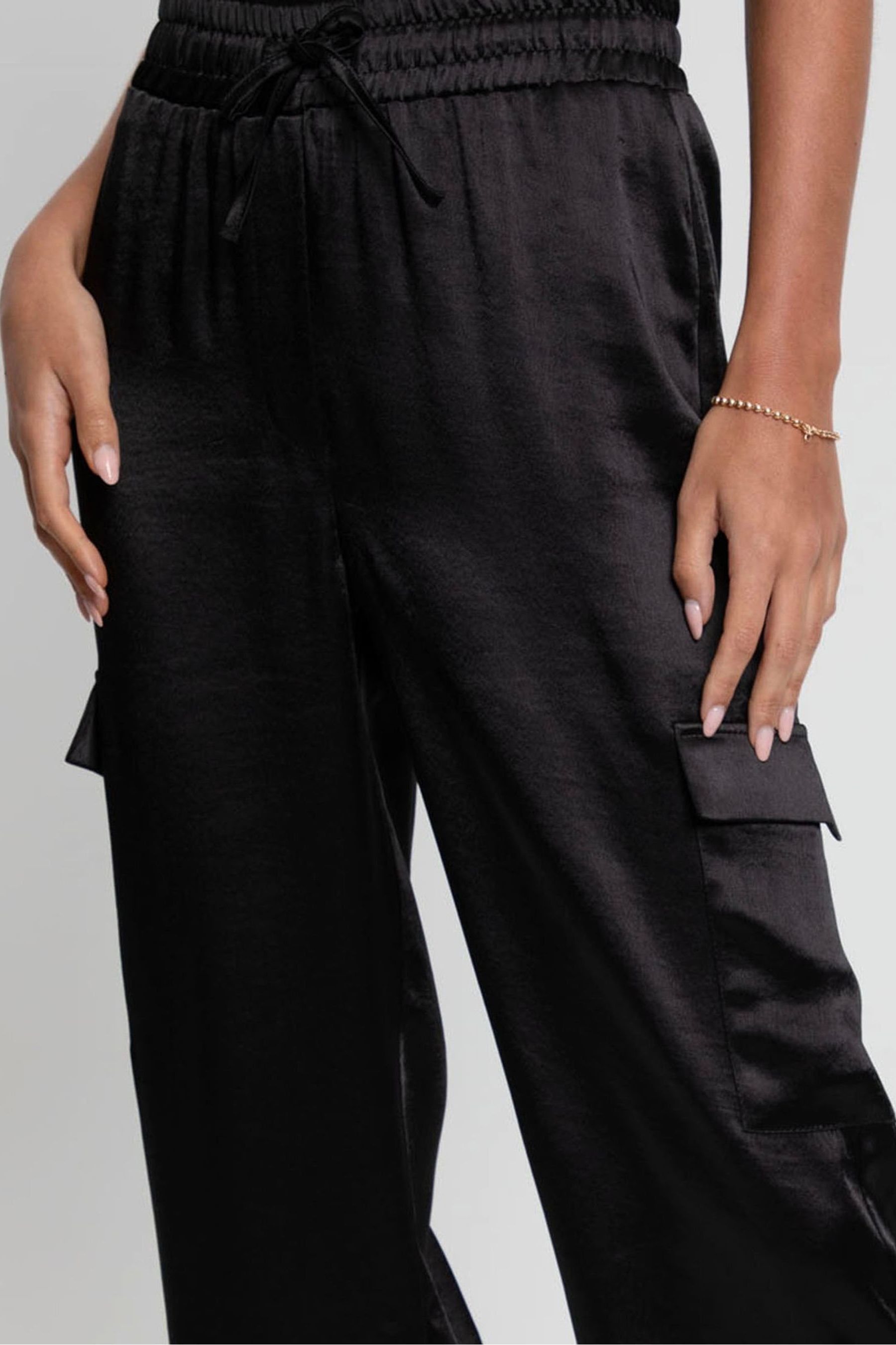 Black satin cargo trousers sales