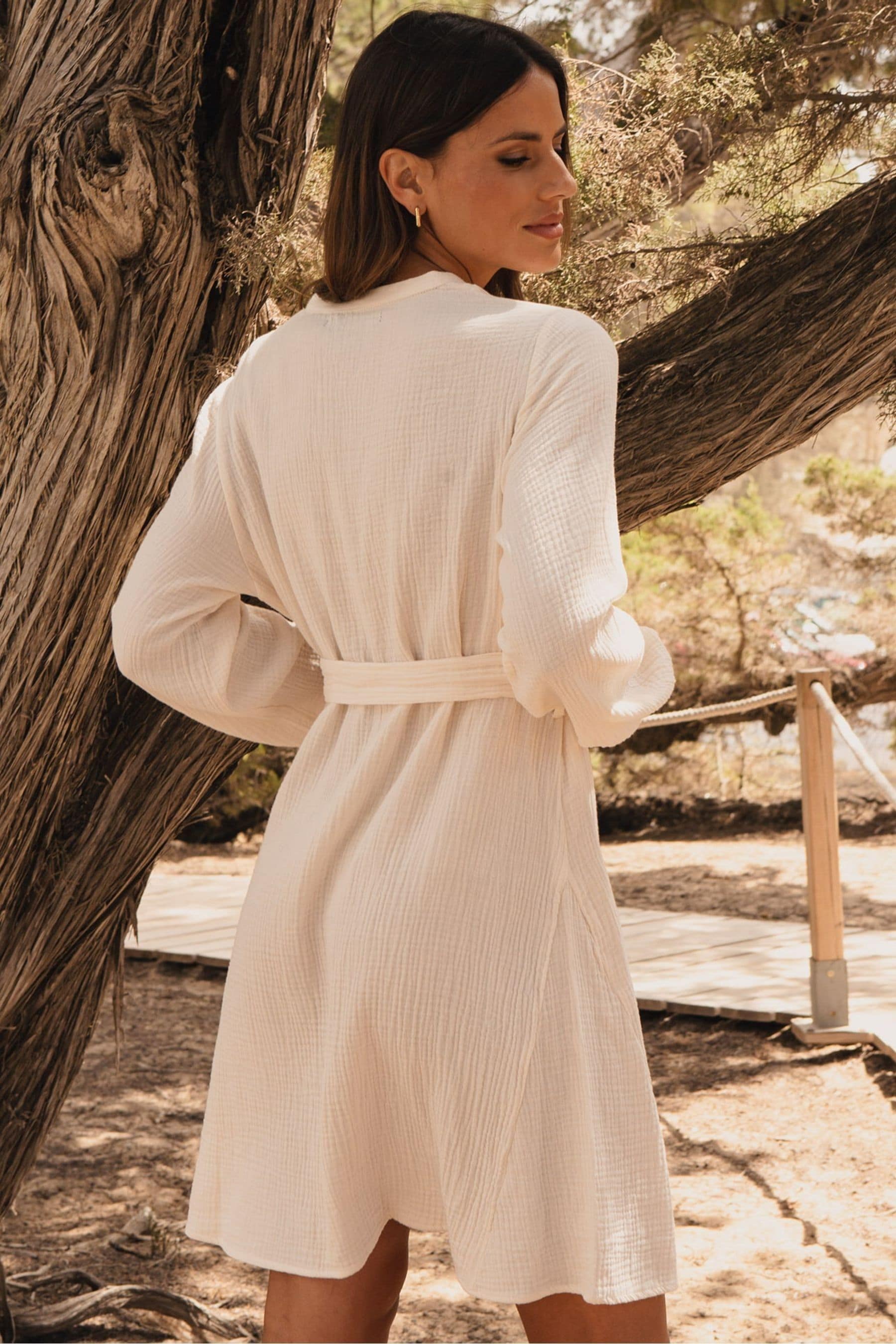 Threadbare Natural Grandad Collar Belted Shirt Dress