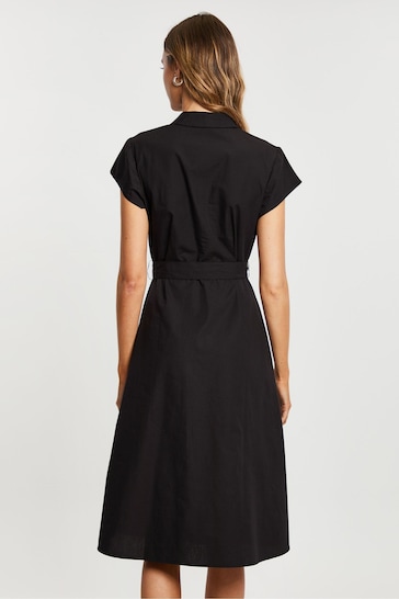 Threadbare Black Cotton Poplin Belted Midi Dress