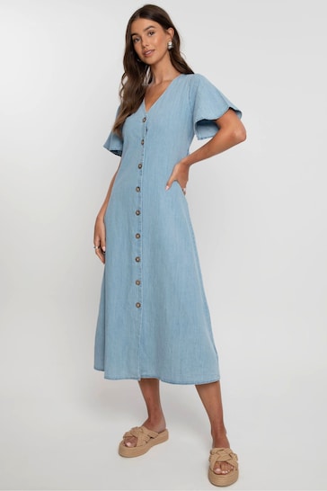 Threadbare Blue Lightweight Denim Button Down Midi Dress