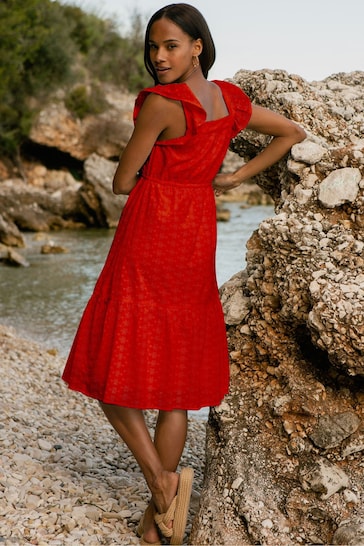Threadbare Red Cotton Broderie Anglaise Midi Smock Dress