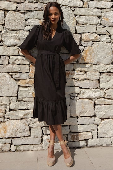 Threadbare Black Cotton Poplin Tiered Midi Dress