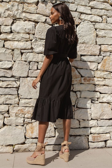 Threadbare Black Cotton Poplin Tiered Midi Dress