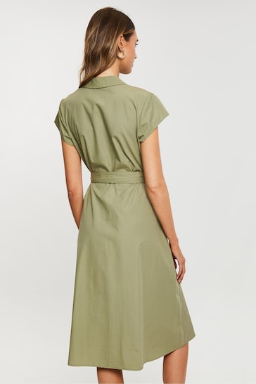 Threadbare Green Cotton Poplin Belted Midi Dress