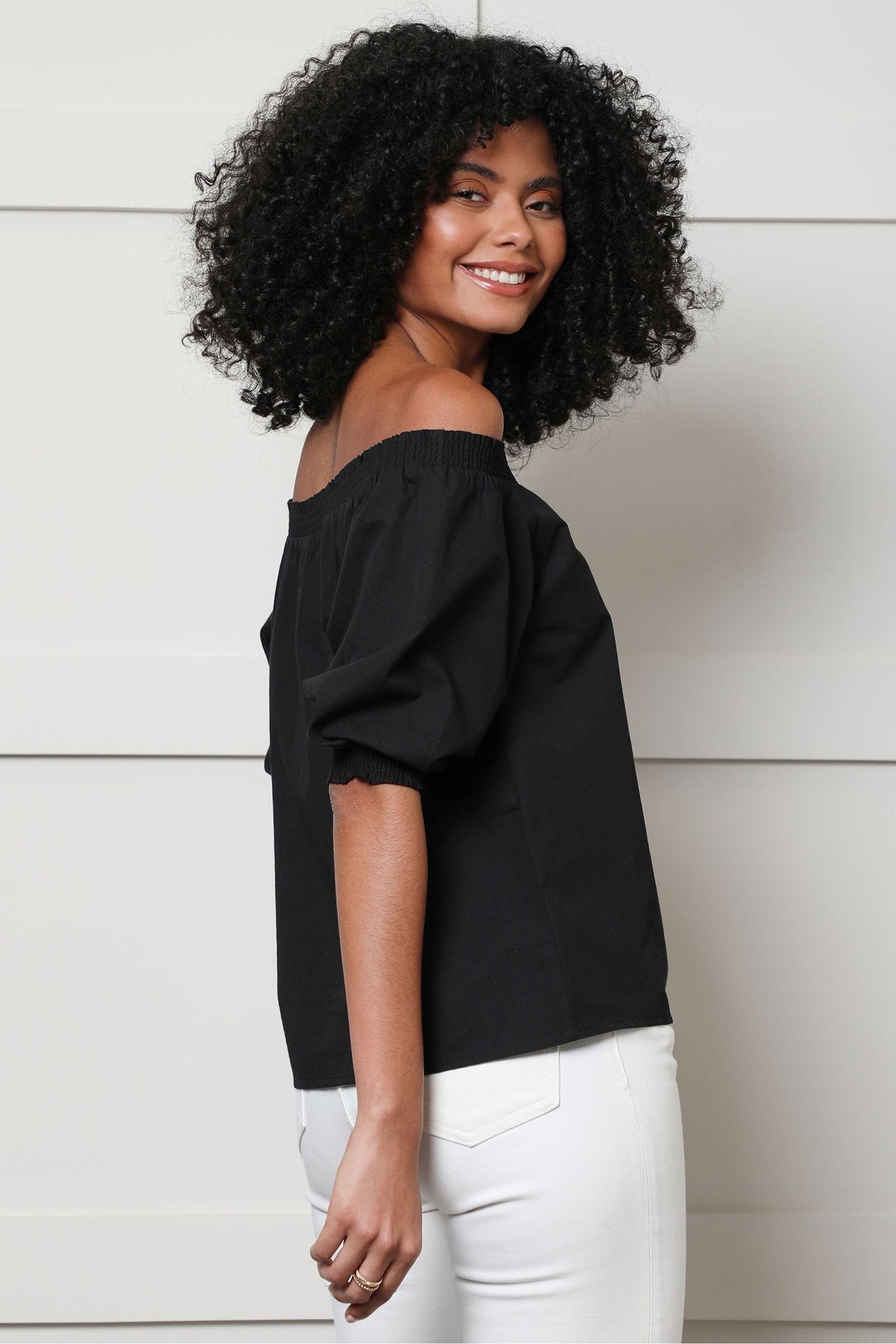 Threadbare Black Bardot Puff Sleeve Top