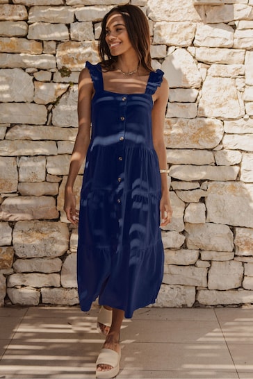 Threadbare Blue Linen Blend Tiered Midi Dress