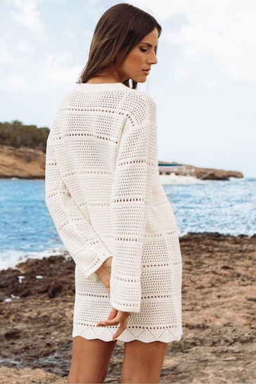 Threadbare White Crochet Long Sleeved Mini Dress