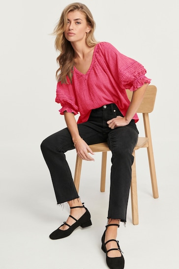Bright Pink Washed V-Neck Cotton Blouse