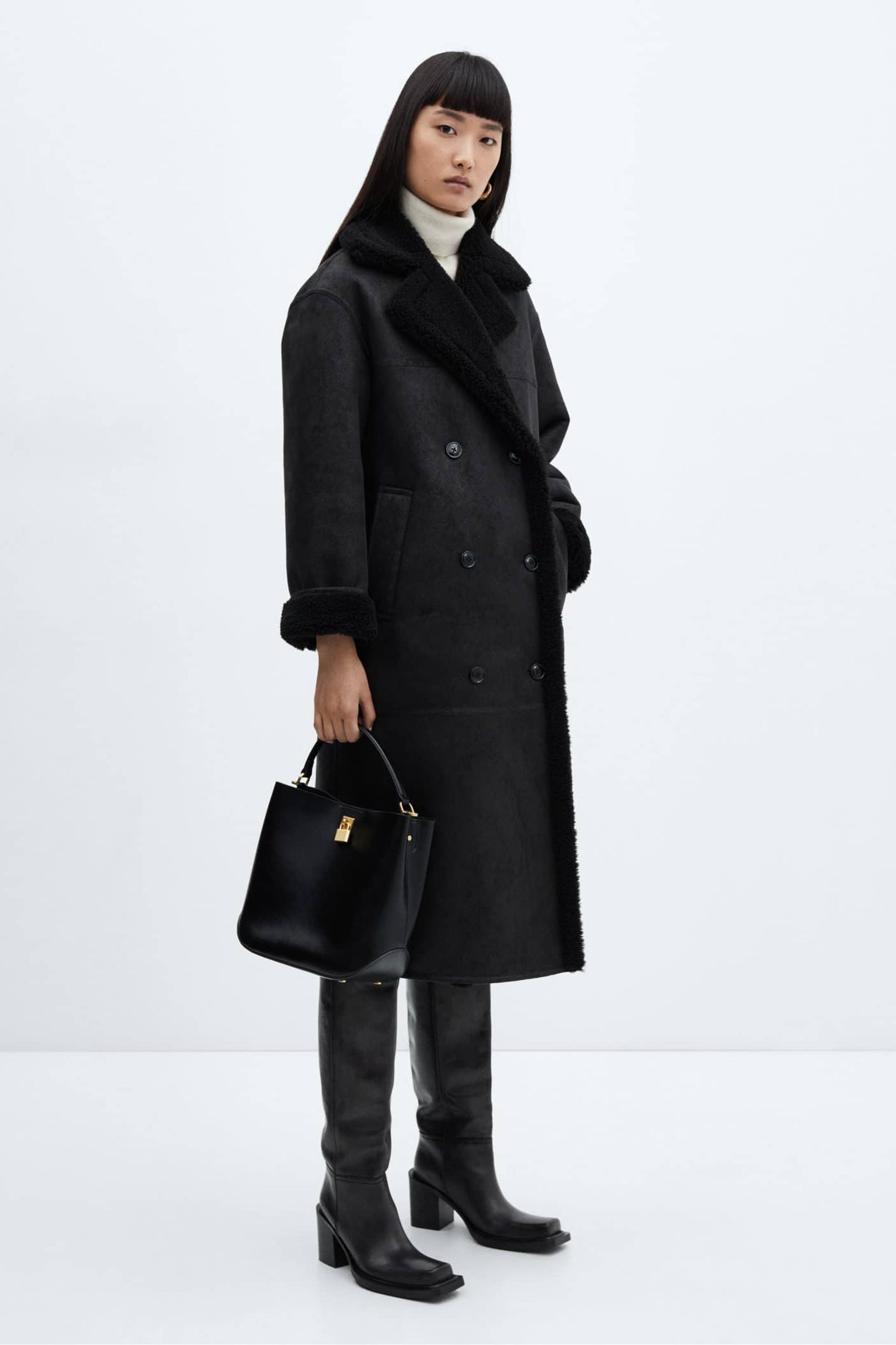 Mango faux fur coat black discount