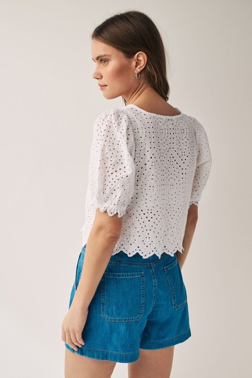 White Short Sleeve Broderie Tie Front Top