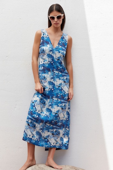 Blue Amalfi Print Linen Blend V-Neck Midi Dress