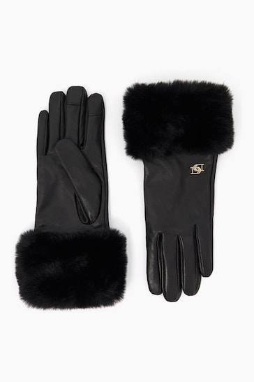 Dune London Black Islingtons Leather Faux Fur Cuff Gloves
