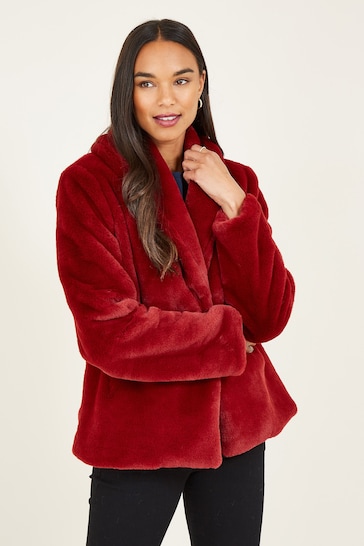 Yumi Red Short Wrap Faux Fur Coat