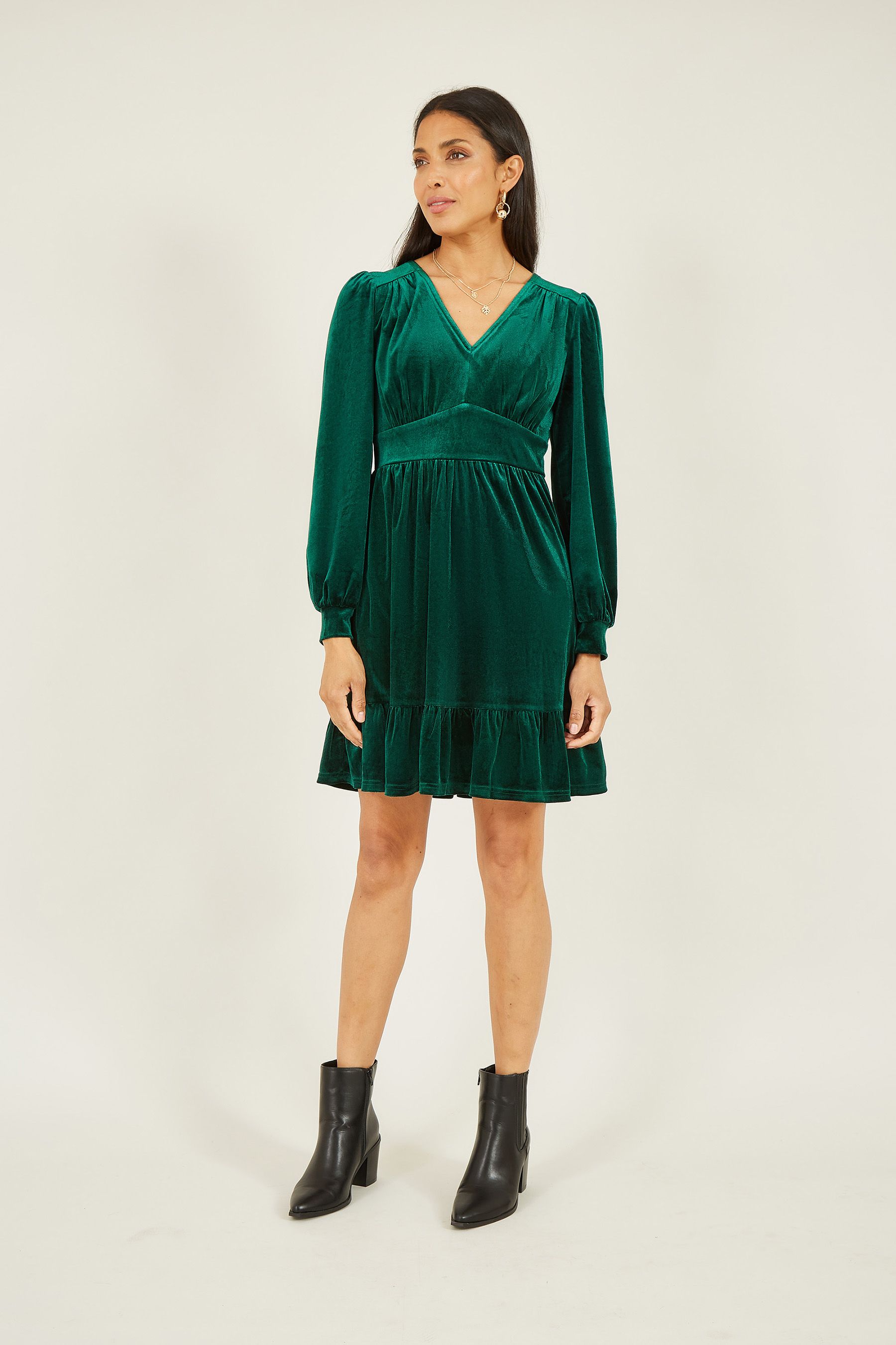 Buy Mela Green Velvet Long Sleeve Skater Dress from the Next UK