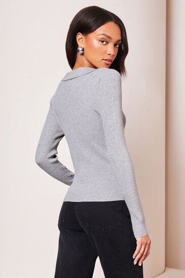 Lipsy Grey Collared Knitted Long Sleeve Jumper Top
