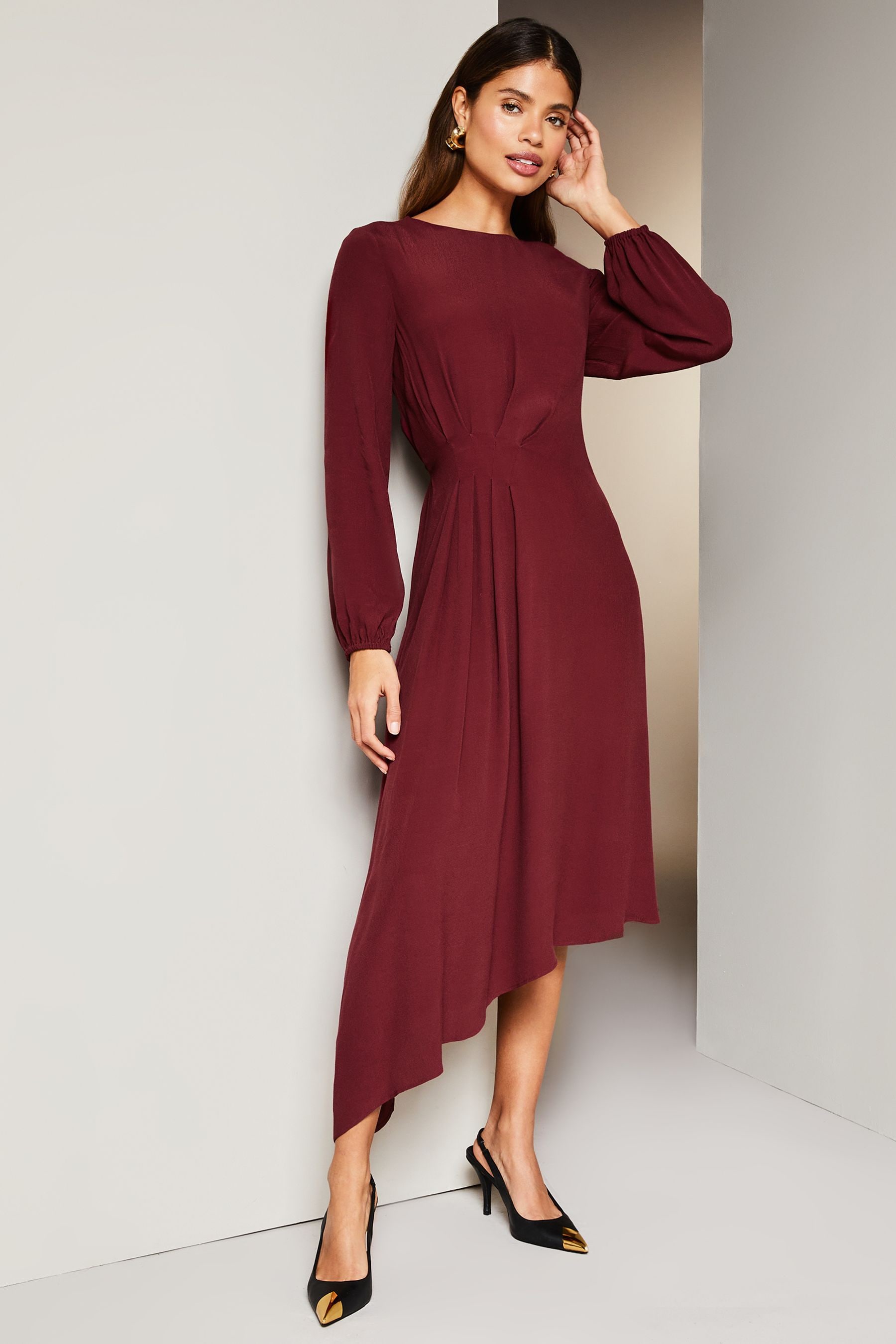 Lipsy one shoulder outlet pleated asymmetric midi dress