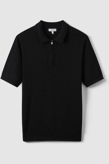 Reiss Black/Gunmetal Maxwell Merino Wool Half-Zip Polo Shirt