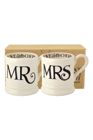 Emma Bridgewater Set of 2 Cream Black Toast Mr & Mrs 1/2 Pint Mugs Boxed