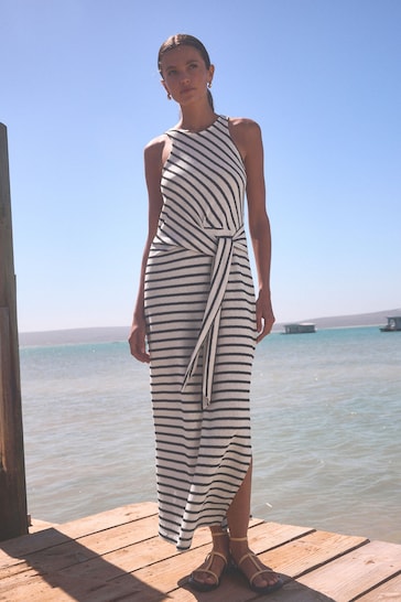 White/Black Stripe Tieside Sleeveless Jersey Maxi Dress