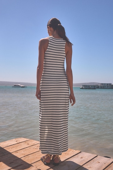 White/Black Stripe Tieside Sleeveless Jersey Maxi Dress