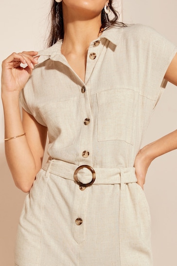 Friends Like These Cream Petite Short Sleeve Button Through Tailored Jumpsuit with Linen