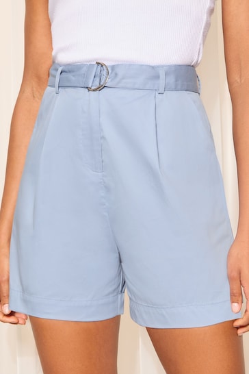 Friends Like These Blue Cotton Poplin High Waisted D Ring Belted Tailored Short