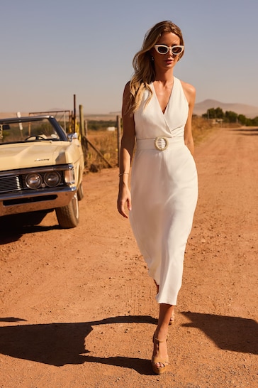 Friends Like These Ivory White Petite Linen Rich Halter Neck Belted Midi Dress