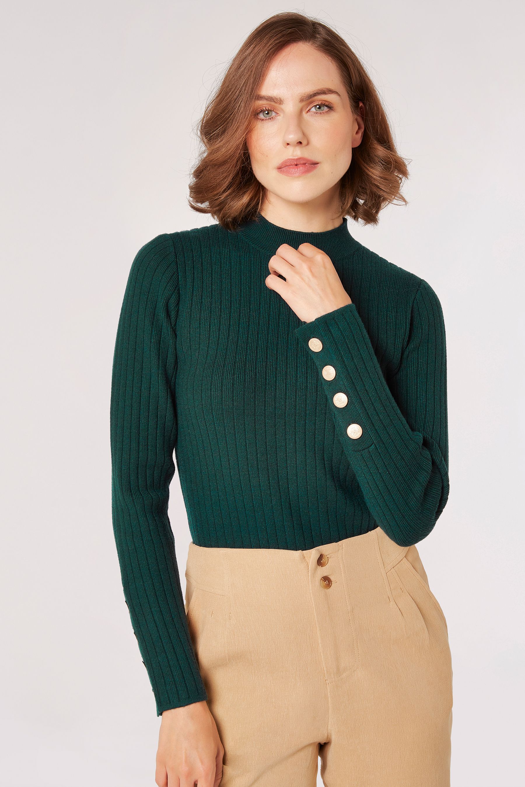 Buy Apricot Green Rib Crew Neck Gold Button Jumper from the Next