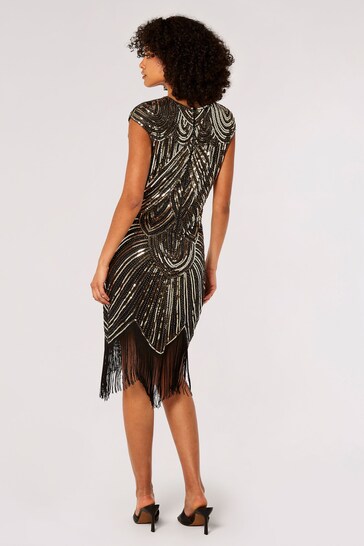 Apricot Black Art Deco Sequin Fringe Dress