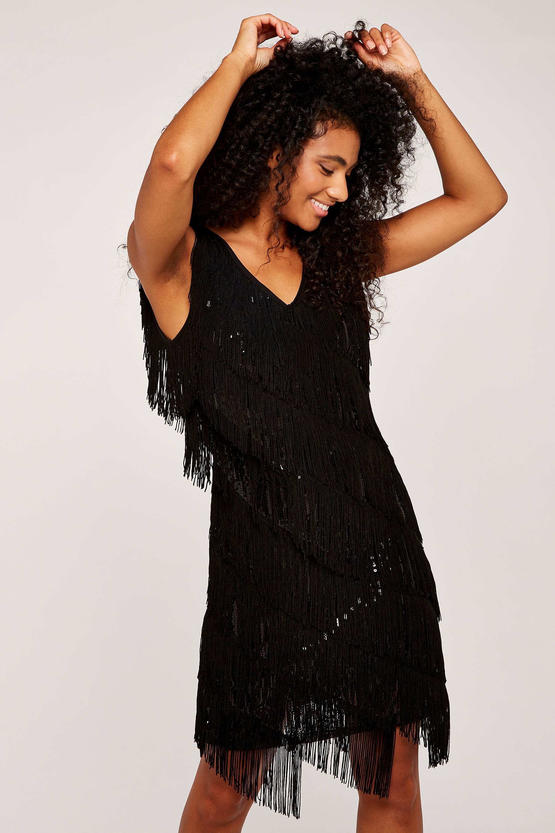 Apricot Black Tassel and Sequins Shift Dress