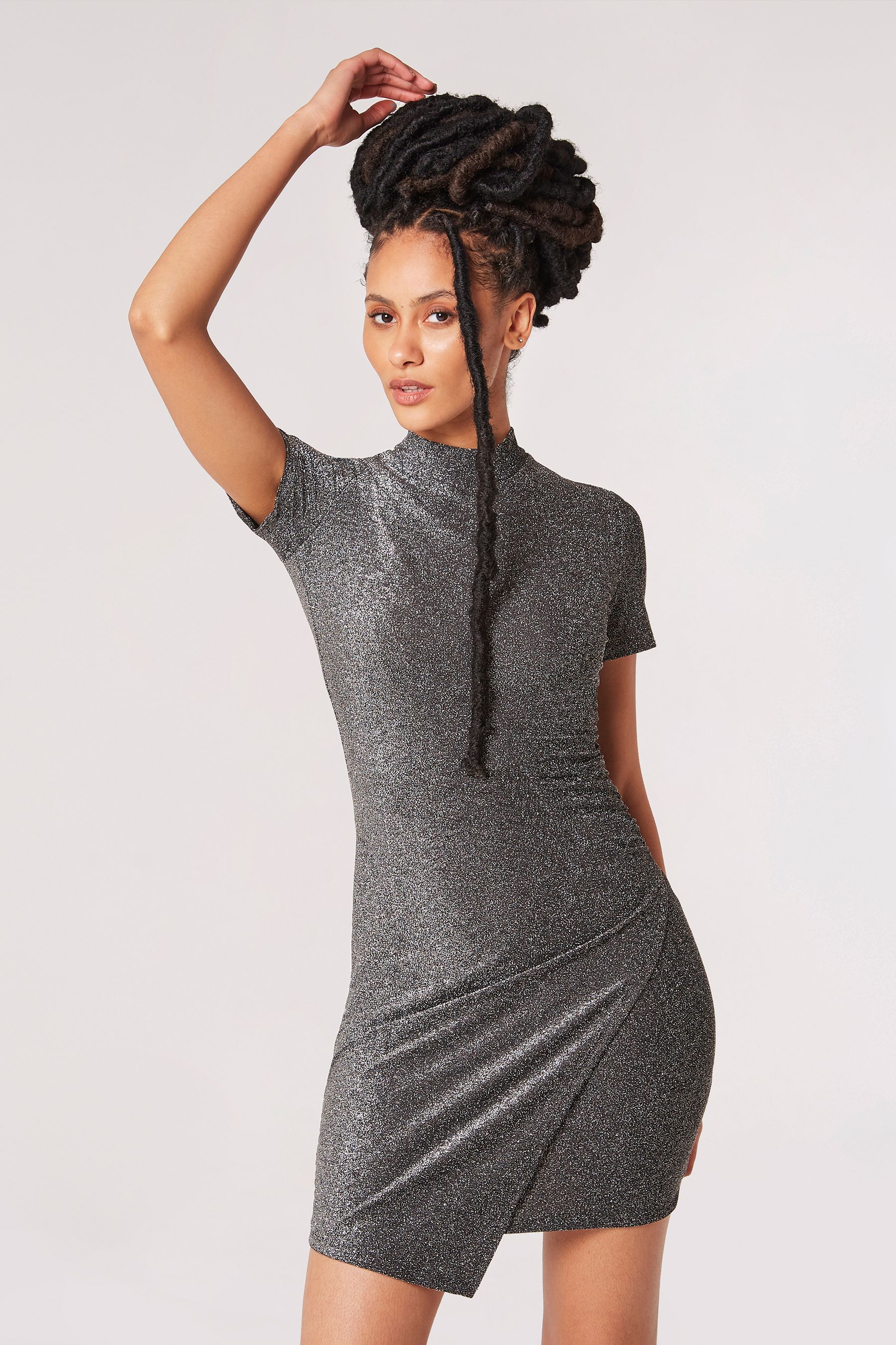 Buy Apricot Silver Sparkle Side Ruched Wrap Dress from the Next UK