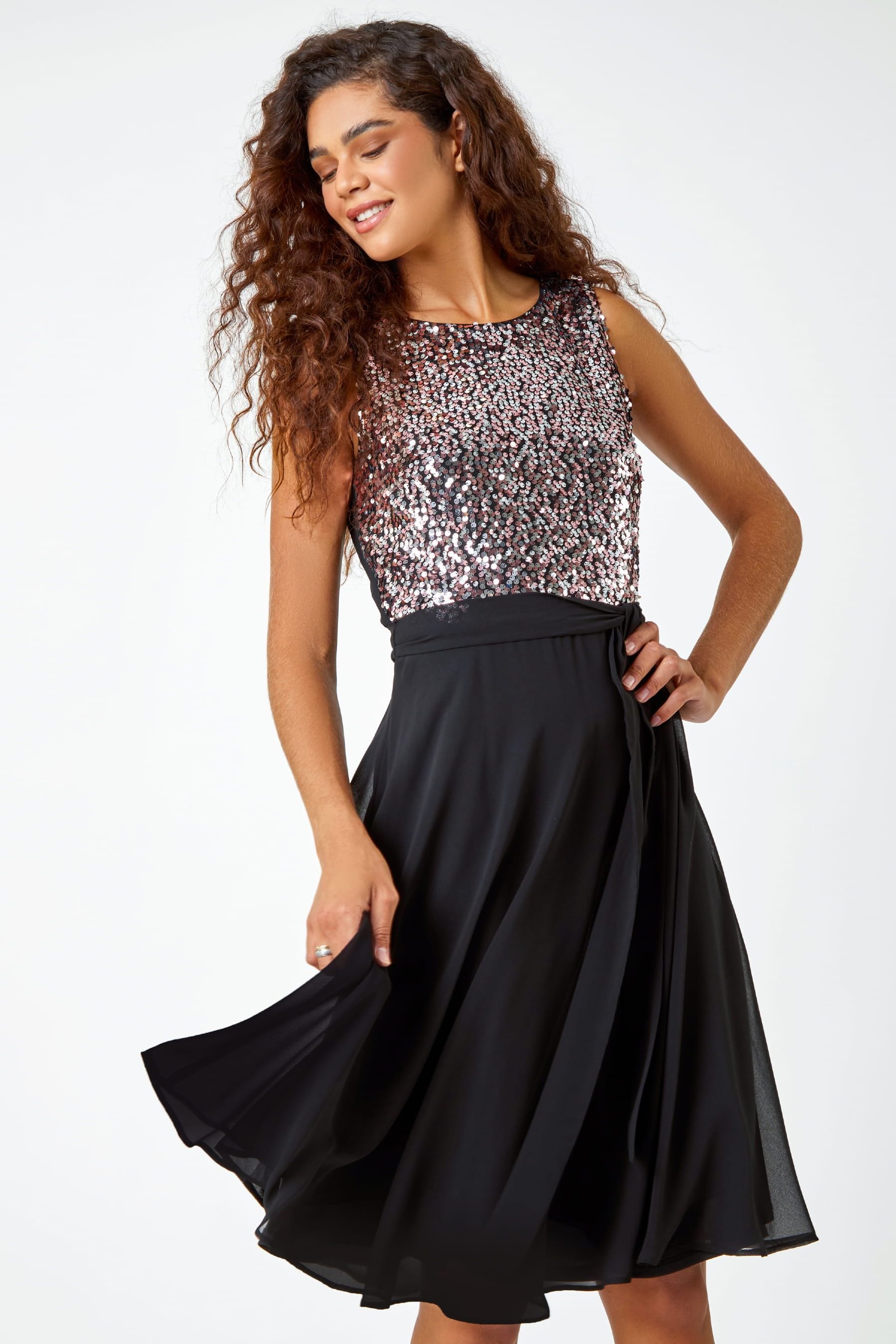 Buy Roman Pink Sequin Chiffon Fit Flare Dress from the Next UK