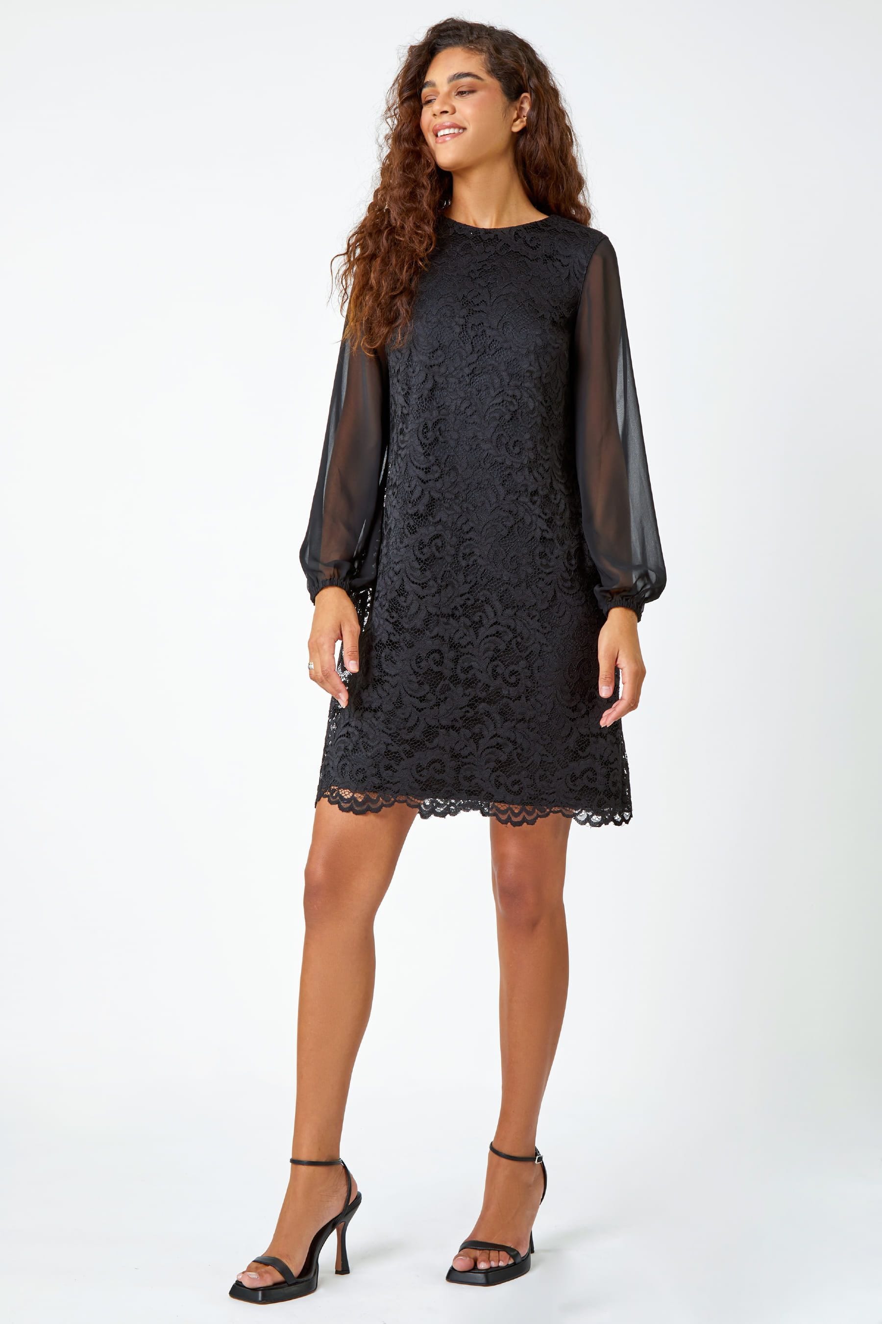 Buy Roman Black Floral Lace Chiffon Sleeve Shift Dress from the Next UK online shop