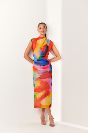 Multicoloured Brights High Neck Mesh Midi Dress