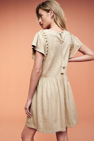 Cream Crochet Trim Short Sleeve Mini Dress