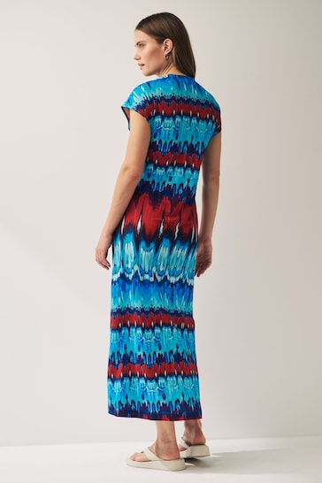 Navy Blue/Red Tie Dye Print Short Sleeve Pintuck Maxi Dress