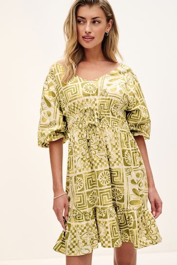 Green Tile Print Puff Sleeve Woven Mix Summer Dress
