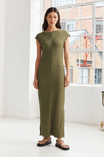Khaki Green Short Sleeve Textured Column Jersey Dress