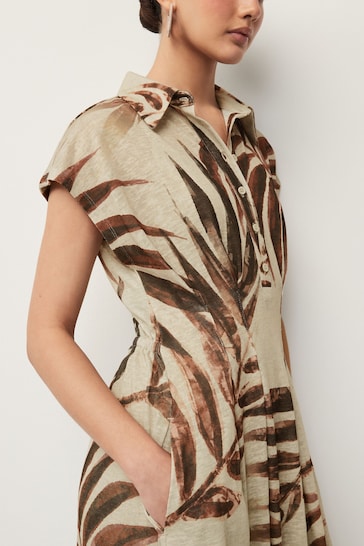 Ecru and Brown Palm Print Short Sleeve Maxi Shirt Dress