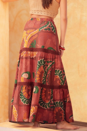 Red Tropical Print Textured Maxi Skirt With Crochet Trim