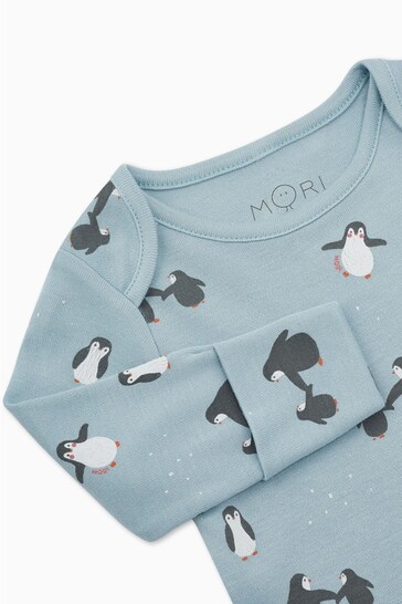 Mori Blue Penguin Organic Cotton Long Sleeve Envelope Neckline Bodysuit