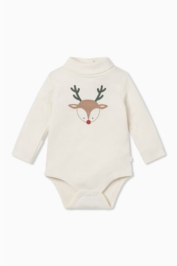 Mori Cream Reindeer Organic Cotton Rollneck Long Sleeve Christmas Bodysuit