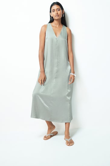 Silver Sleeveless Column V-Neck Midi Dress