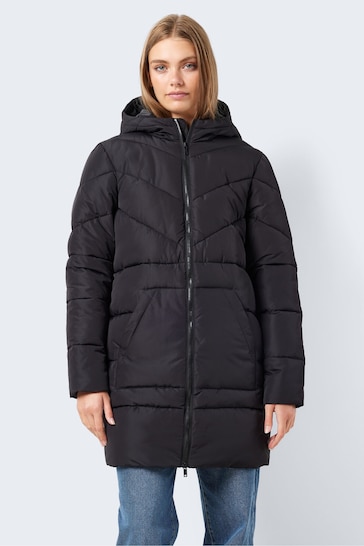 NOISY MAY Black Longline Padded Quilted Hooded Coat