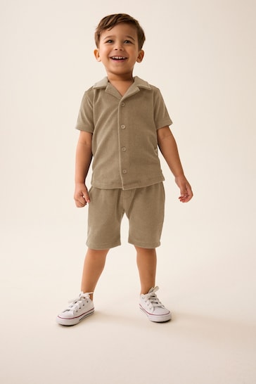 Neutral Tan Short Sleeve Towelling Shirt and Shorts Set (3mths-7yrs)