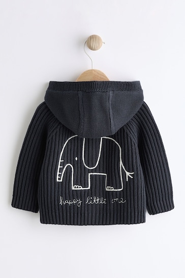 Navy Elephant Embroidered Baby Knitted Cardigan (0mths-2yrs)