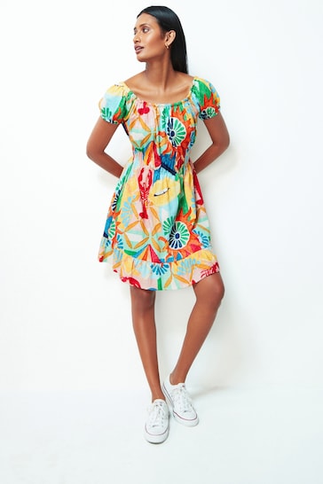 Lobster Print Bardot Puff Sleeve Jersey Summer Dress
